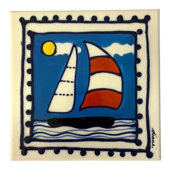 Diane Artware Wall Tile or Trivet – 6” Handpainted Sailboat Nautical Decor (1990 - Picture 1 of 5